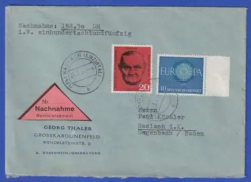 Berlin 1961 Mi.-Nr. 197 und Bund Mi.-Nr. 339 auf Nachnahme O GROSSKAROLINENFELD