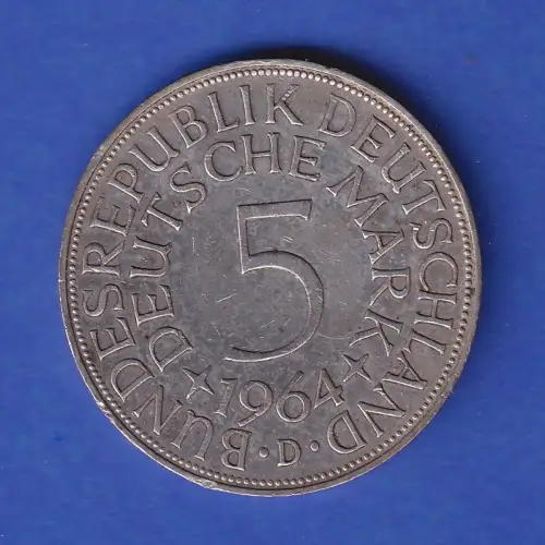 Bundesrepublik Kursmünze Silberadler 5 Mark 1964 D