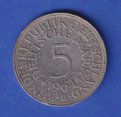 Bundesrepublik Kursmünze Silberadler 5 Mark 1964 D