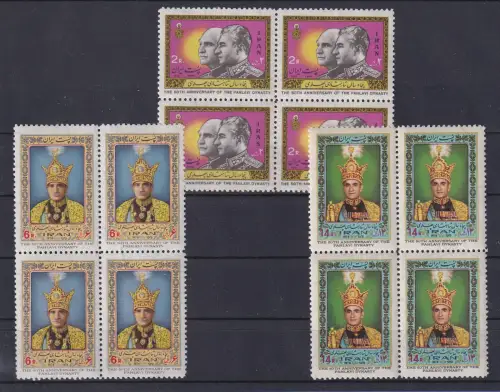 Iran 1976  50 Jahre Pahlavi - Dynastie Mi.-Nr. 1836-38 Viererblock-Satz ** 
