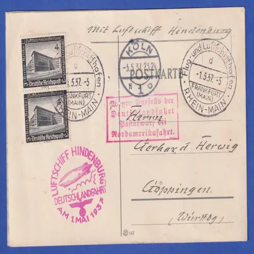 Dt. Reich Zeppelin-Postkarte Ausfall Deutschlandfahrt 1.5.37 mit u.a. Block 7
