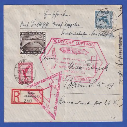 Dt. Reich 1933 Zeppelin Chicagofahrt 4RM Mi.-Nr 498 in MIF auf Rundfahrt-R-Brief