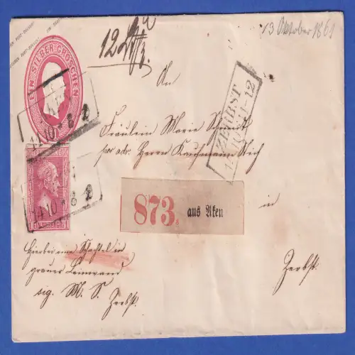 Preußen 1861 GA mit Zufrankatur 1Sgr Mi.-Nr. 10 gelaufen von AKEN nach Zerbst