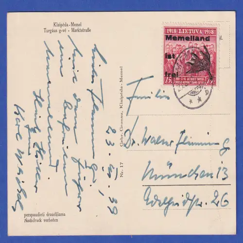 Memelgebiet 1939 Deutsche Verwaltung 15Pfg Mi.-Nr I Type II als EF auf Postkarte