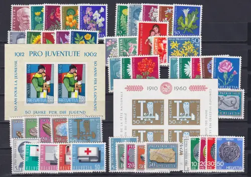Schweiz 1959-1963 Lot 53 Werte (nur kpl. Sätze) und 2 Blockausgaben ** / MNH 