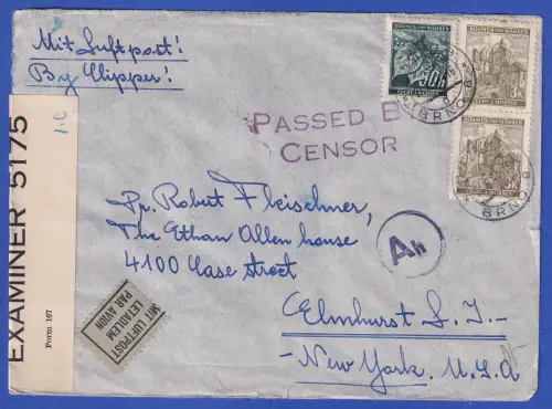 Böhmen und Mähren Mi.-Nr. 55, 72a auf Zensur-LP-Brief O BRÜNN nach USA 1941