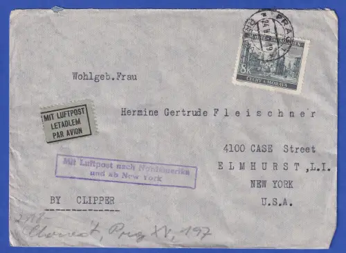 Böhmen und Mähren Mi.-Nr. 59 als EF auf Zensur-LP-Brief O PRAG nach USA 1941