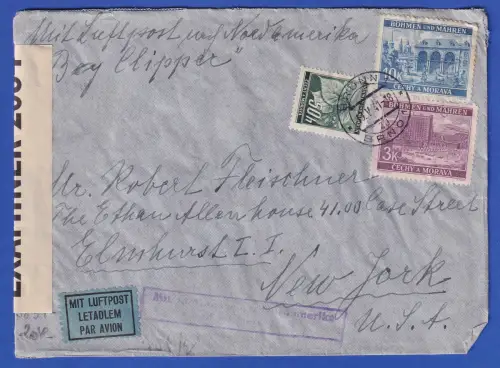 Böhmen und Mähren Mi.-Nr. 33,55,60 MiF auf Zensur-LP-Brief O BRÜNN nach USA 1941