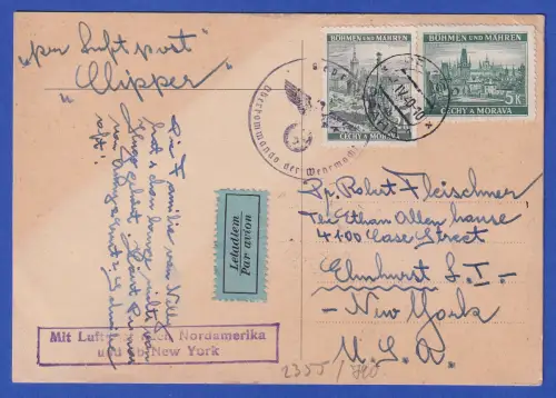 Böhmen und Mähren Mi.-Nr. 31, 35 auf Zensur-LP-Postkarte O PRAG nach USA 1940