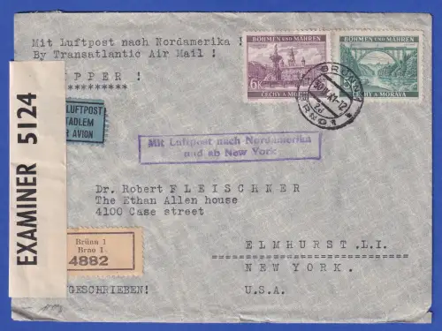 Böhmen und Mähren Mi.-Nr. 57, 58 auf Zensur-LP-Brief O BRÜNN nach USA 1941