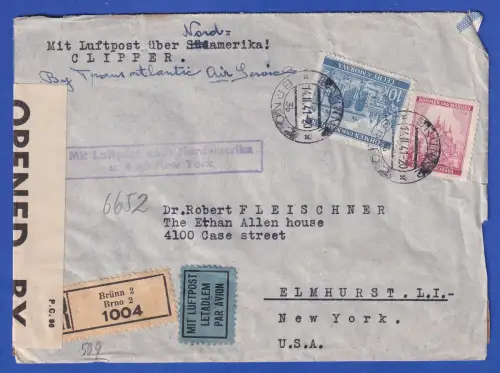 Böhmen und Mähren Mi.-Nr. 28, 60 auf Zensur-LP-R-Brief O BRÜNN nach USA 1941