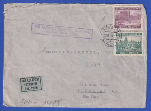 Böhmen und Mähren Mi.-Nr. 33, 35 auf Zensur-LP-Brief O PRAG nach USA 1940