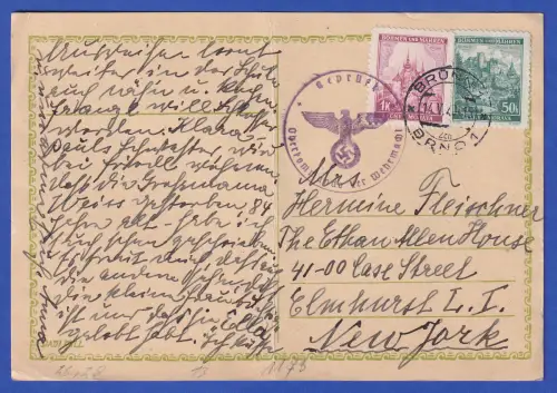 Böhmen und Mähren Mi.-Nr. 26, 28 auf Zensur-Postkarte O BRÜNN nach USA 1940