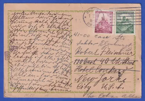 Böhmen und Mähren Mi.-Nr. 26 und 28 auf Postkarte O BRÜNN nach USA 1940