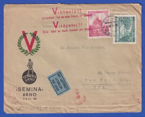 Böhmen und Mähren Mi.-Nr. 28, 35 auf Zensur-LP-Brief O BRÜNN nach USA 1941