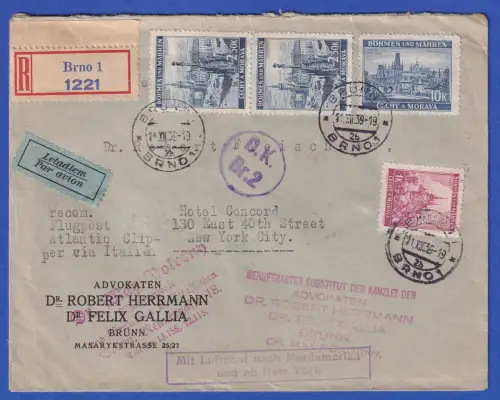 Böhmen und Mähren Mi.-Nr. 28, 32, 36 in MiF auf LP-R-Brief O BRÜNN nach USA 1939