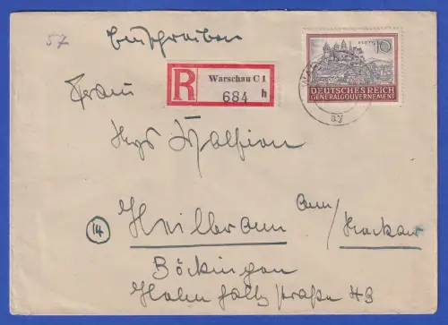 Generalgouvernement 10Zl. Mi.-Nr. 116 als EF auf überfr. R-Brief O WARSCHAU 1944
