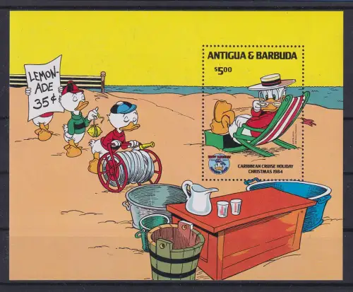 Antigua & Barbuda Walt Disney 1984 Donald Duck am Strand Block ** / MNH