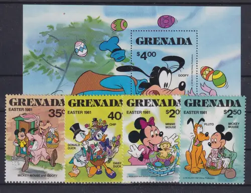 Grenada Walt Disney Ostern 1981 Blockausgabe und Satz 5 Werte  **