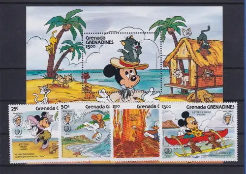 Grenada Walt Disney Biefe aus Hawaii Satz 4 Werte und Block ** / MNH