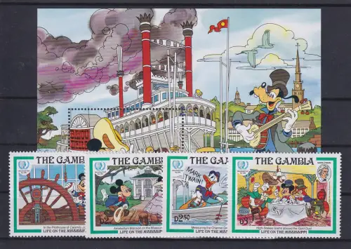 Gambia Walt Disney Mississippi 1985 Blockausgabe und Satz 4 Werte**