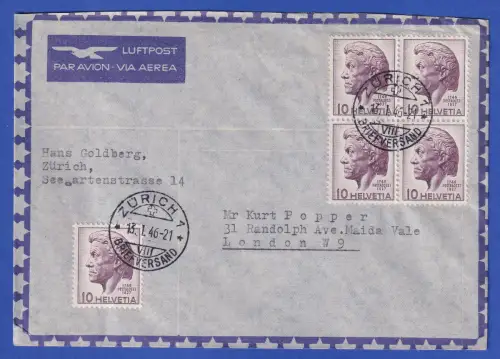 Schweiz Mi.-Nr. 469 Viererblock u. Einzelmarke als MEF a. LP-Brief O ZÜRICH 1946