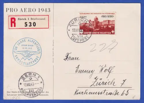 Schweiz Mi.-Nr. 422 auf R-FDC Gedenkkarte Oskar Bider mit So.-O ALPENFLUG 1943