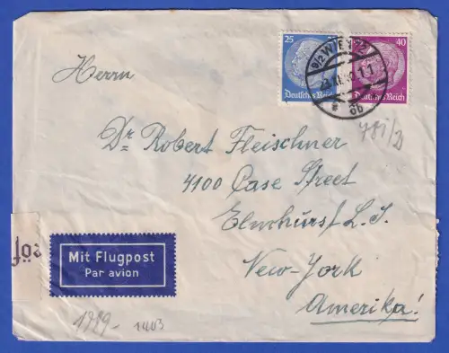 Dt. Reich Mi.-Nr. 522, 524 als MiF auf Zensur-LP-Brief O WIEN nach USA 1940