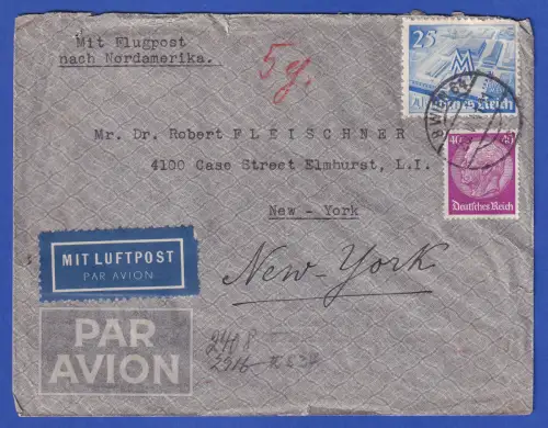 Dt. Reich Mi.-Nr. 524, 742 als MiF auf Zensur-LP-Brief O WIEN nach USA 1941