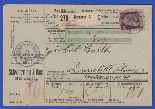 Bayern Luitpold Mi.-Nr. 85 II als EF auf Paketkarte O NÜRNBERG 1913 nach Zürich