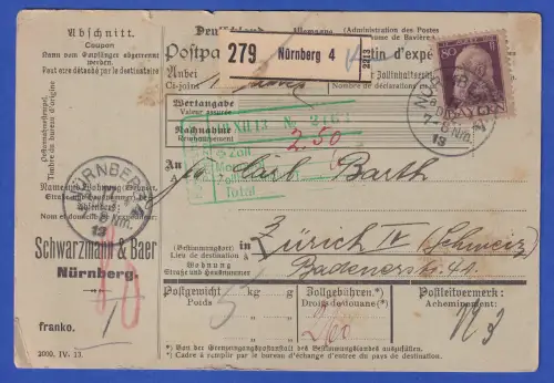 Bayern Luitpold Mi.-Nr. 85 II als EF auf Paketkarte  O NÜRNBERG 1913 nach Zürich