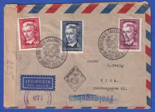 Ungarn Mi.-Nr. 1045-1047 in MiF auf zensiertem FDC LP-Brief So.-O BUDAPEST 1949
