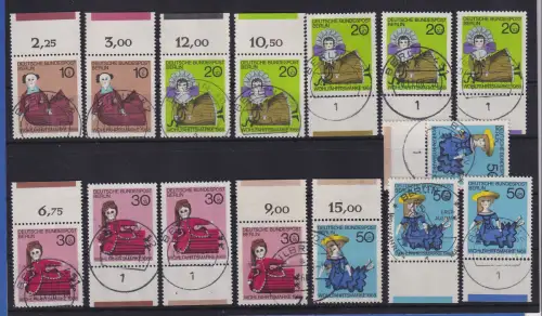 Berlin 1968 Puppen Mi.-Nr. 322-25 Lot 15 Werte Farbrandstreifen , meist BERLIN-O