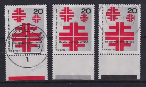Berlin 1968 Turnfest Mi.-Nr. 321 Lot 3 Werte mit allen Farbrandstreifen BERLIN-O