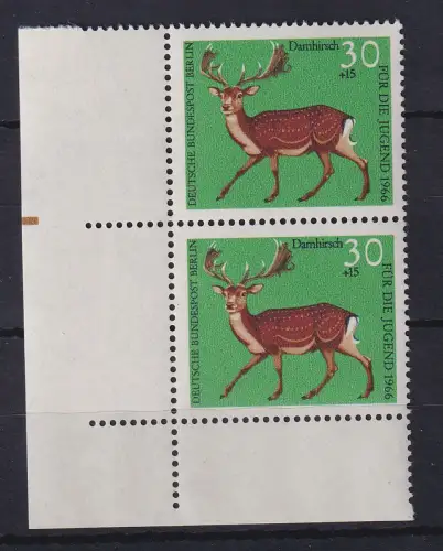 Berlin 1966 Damhirsch Mi.-Nr 293  Eckrandpaar UL mit braunem Strich im Rand **