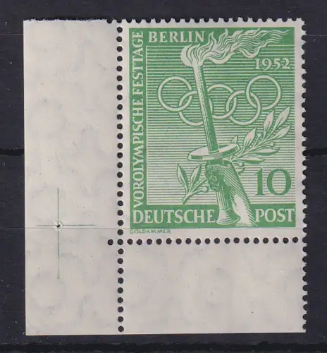 Berlin 1952 Vorolympiade Mi.-Nr 89  Eckrandstück UL mit Passerkreuz im Rand **