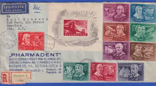 Ungarn 1948 Kettenbrücke Mi.-Nr. Block 1ect auf LP-R-Brief O BUDAPEST nach USA