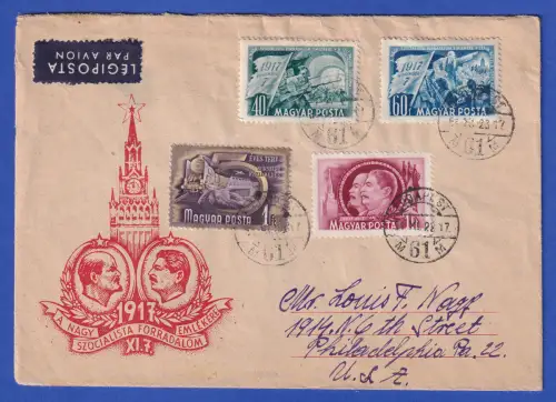 Ungarn 1951 Oktoberrevolution Mi.-Nr. 1213-1215 auf LP-Brief O BUDAPEST