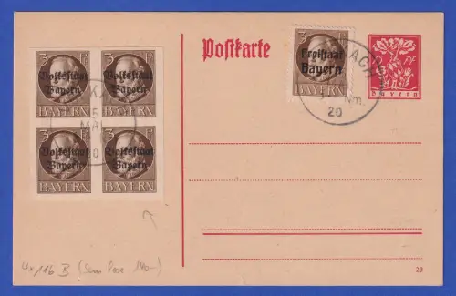 Bayern 1920 Volksstaat Mi-Nr. 116B Viererblock u.a. auf Postkarte O VOLKACH