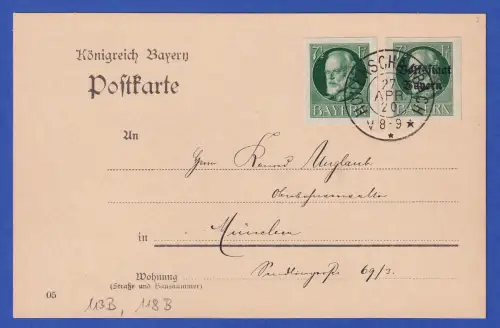 Bayern 1920 Volksstaat Mi-Nr. 118B und 113B auf Postkarte O HOHENSCHAMBACH