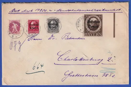 Bayern 1920 Volksstaat 20 M Mi-Nr. 133 II B u.a. in MiF auf Wertbrief O MÜNCHEN