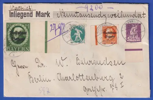 Bayern 1920 Volksstaat 10 M Mi-Nr. 132IIB u.a. in MiF auf Wertbrief O MITTENWALD