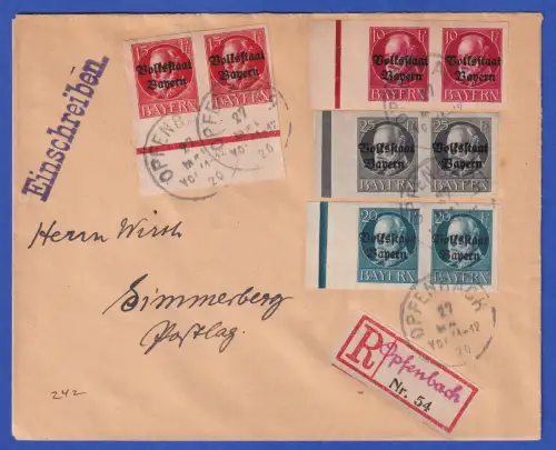 Bayern 1920 Volksstaat Mi-Nr. 119-122 IIB je Paar in MiF auf R-Brief O OPFENBACH
