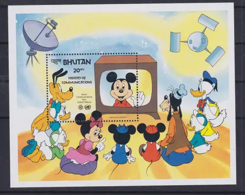 Bhutan Walt Disney Geschichte der Kommunikation 1983 TV Blockausgabe ** / MNH