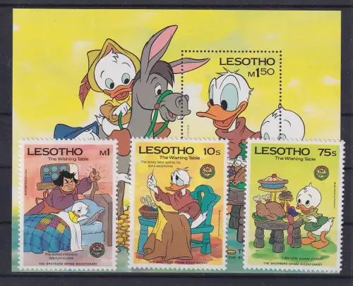Lesotho Walt Disney verschiedene Märchen Blockausgabe und 3 Werte ** / MNH