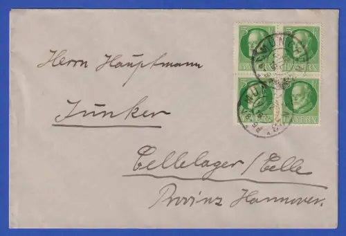 Bayern 1916 Ludwig III. 5 Pfg Mi-Nr.112A Viererblock als MEF auf Brief O MÜNCHEN