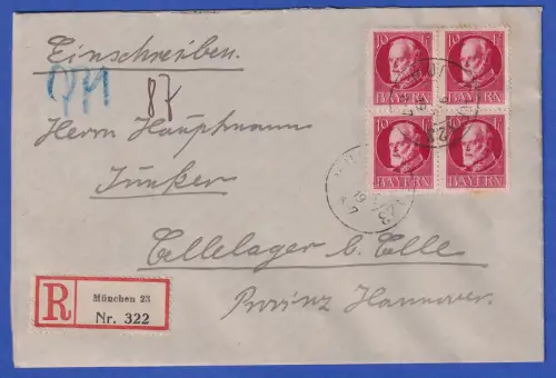 Bayern 1916 Ludwig III. 10 Pfg Mi-Nr.114A Viererblock als MEF a. Brief O MÜNCHEN