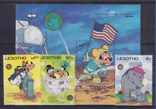 Lesotho Walt Disney 1985 verschiedene Motive Blockausgabe und 3 Werte ** / MNH