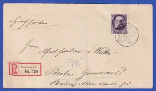 Bayern 1916 Ludwig III. Mi-Nr. 105 IIA als EF auf überfrank. R-Brief O NÜRNBERG
