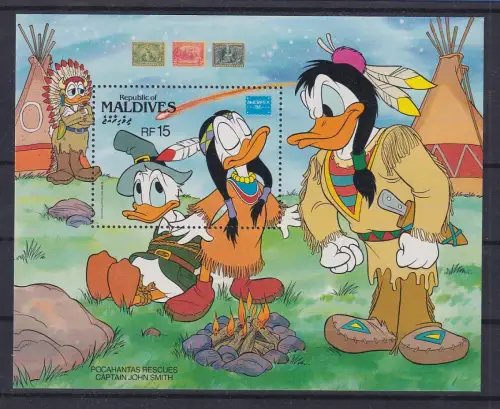 Malediven Walt Disney 1986 Pocahontas Donald Duck Blockausgabe  ** / MNH